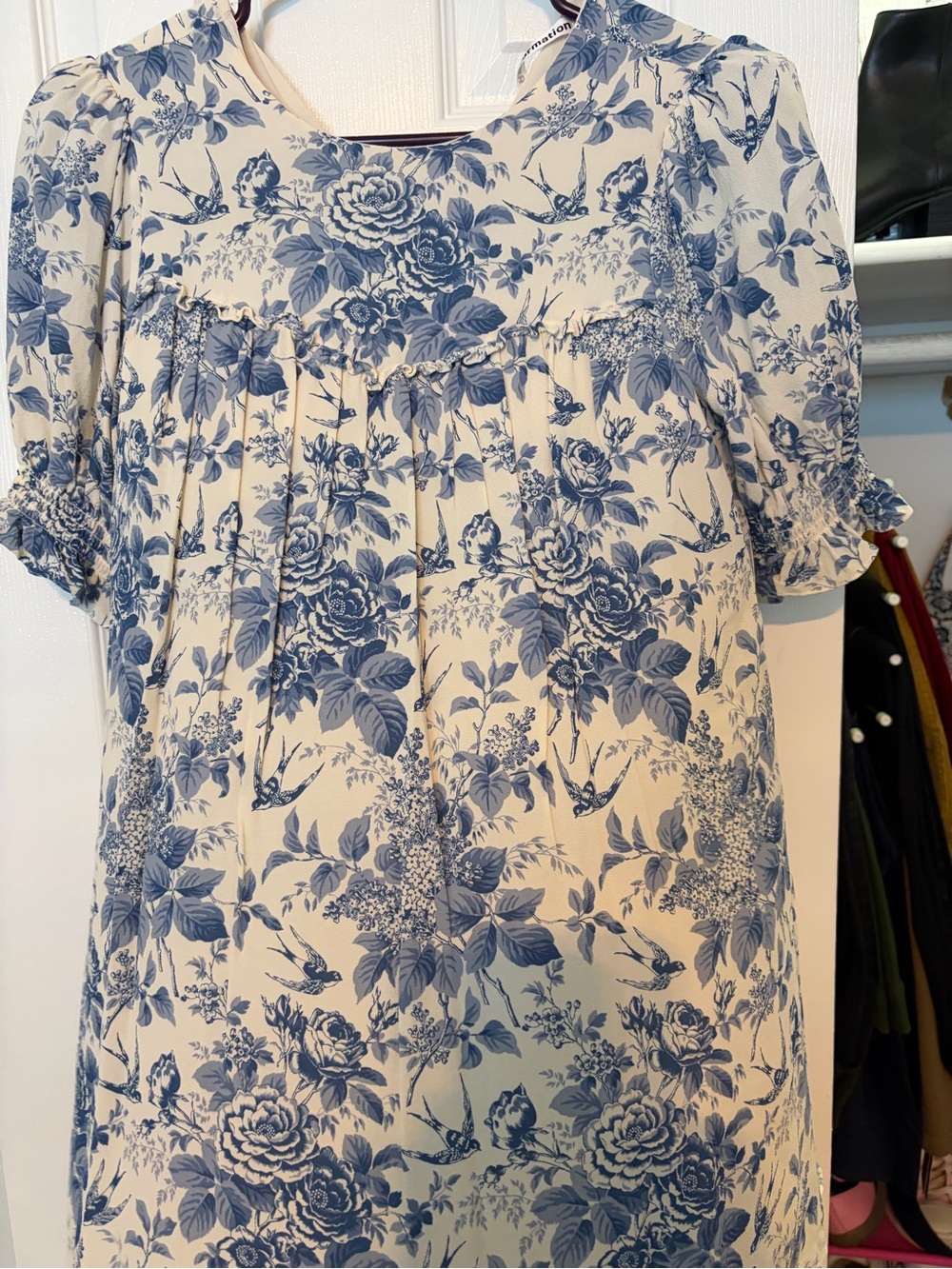 Reformation Cream Dress with Blue Floral Print